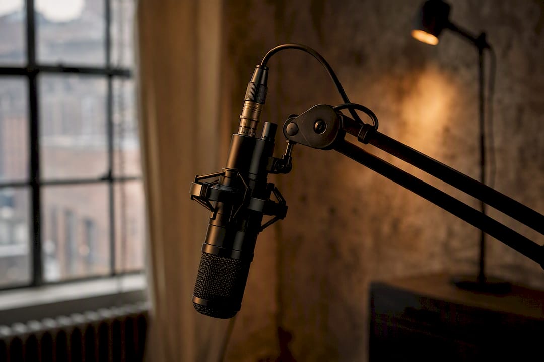 Dynamic microphone on boom arm in studio