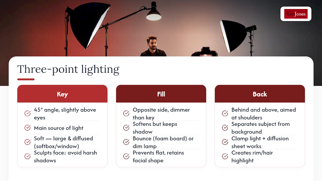 Diagram of three-point lighting setup for video