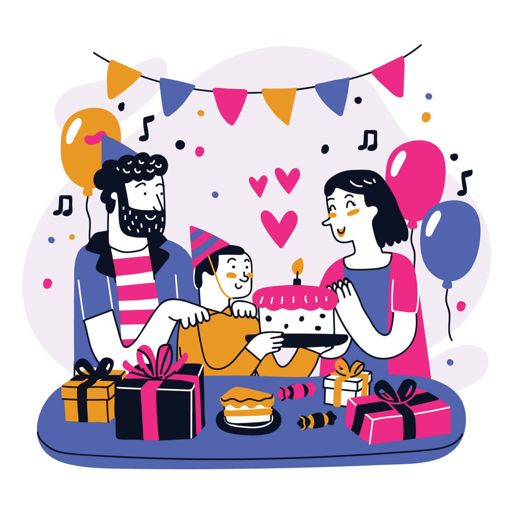 Festive birthday celebration with cake, decorations, and family enjoying event catering services.