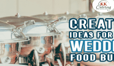 Elegant wedding food buffet setup with catering chafing dishes and professional service.