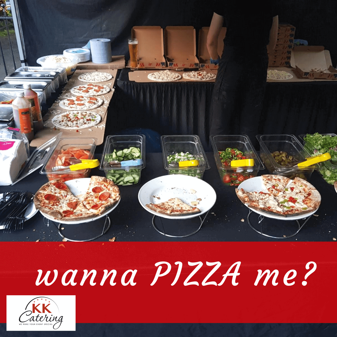 Fresh pizza selection at KK Catering for events and parties with delicious toppings and fresh ingredients.