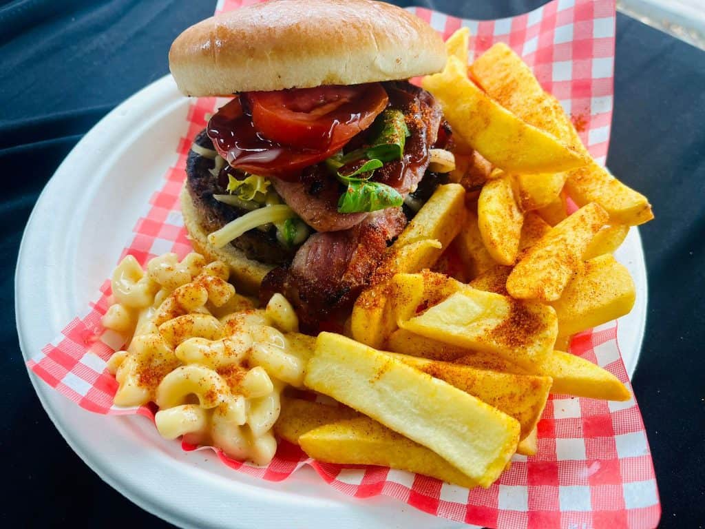 Savory burger with fries and macaroni cheese on a white plate.