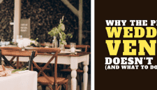 Elegant wedding reception setup with floral centrepieces and table settings in a rustic venue.