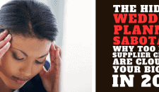 Overwhelmed woman holding head with wedding planner sabotage article on stress and supplier issues.