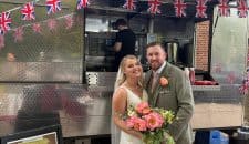 bride and groom at fish and chip van