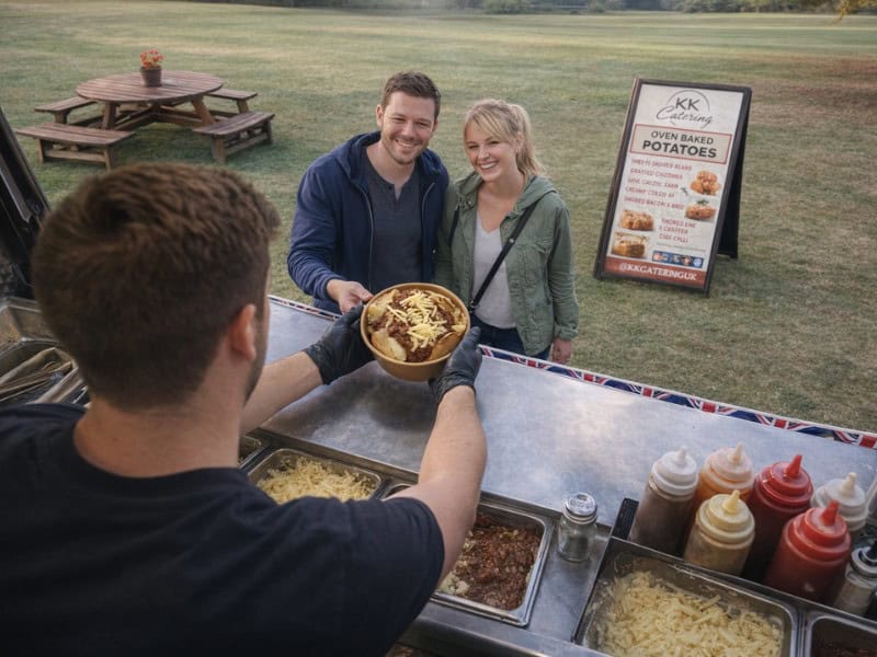 Freshly served baked potatoes at KK Catering outdoor event, offering delicious hot food options.