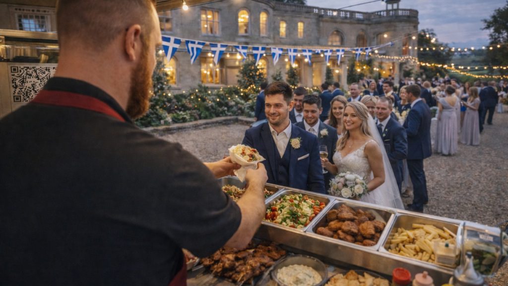 kk catering chef serving wedding guests from the greek street food menu