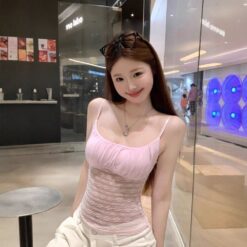 純欲提花透視蕾絲自帶胸墊吊帶背心