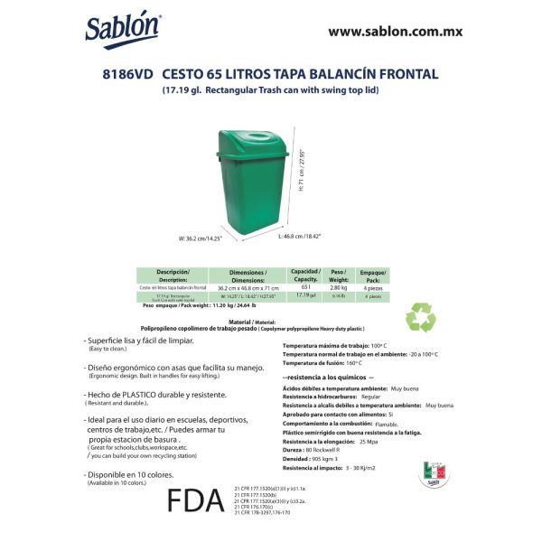 Bote de basura grande de 65 litros