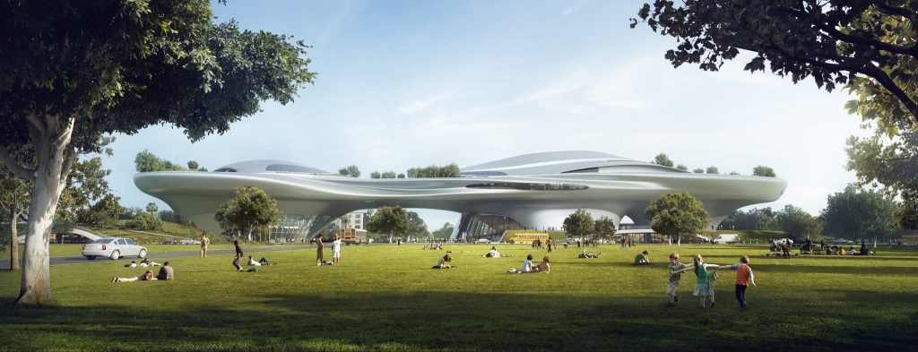 Ma Yansong's Expostion Park design for the Lucas Museum of Narrative Art. [Image courtesy of Lucas Museum of Narrative Art] 