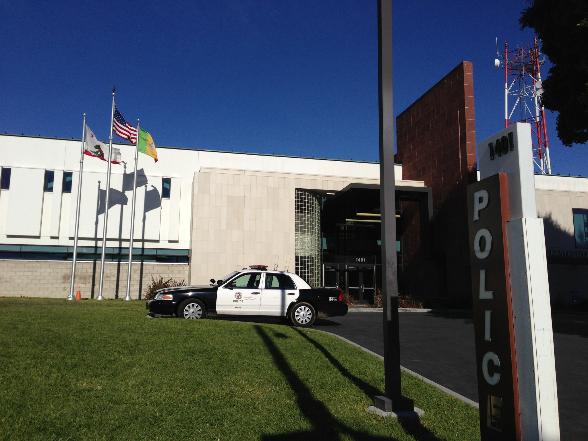 Exterior view of the LAPD Rampart Community Police Station in Los Angeles, highlighting the department’s presence amid scrutiny over LAPD misconduct settlements.