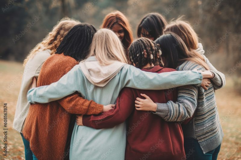 A supportive group of friends embracing each other, mental health Generative AI