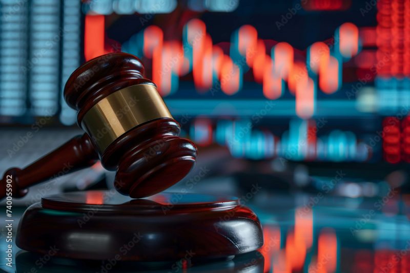 gavel with stock market background, laws and punishments for investors or executives who commit wrongdoing in investing in stock market