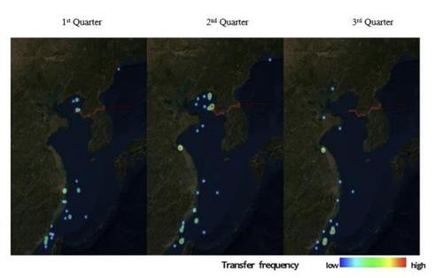 This undated photo, captured from a report released by the UN Panel of Experts that monitors the implementation of North Korean sanctions by UN member states, shows the locations of North Korea's illegal ship-to-ship transfers of banned items in 2023. [YONHAP]