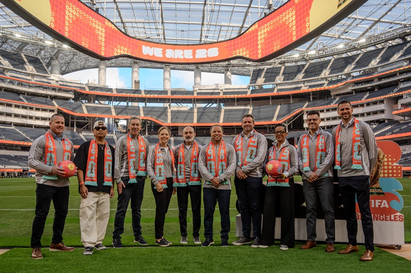 Los Angeles World Cup 2026 Host Committee poses at SoFi Stadium during the test pitch unveiling for the Nations League and FIFA World Cup 2026.