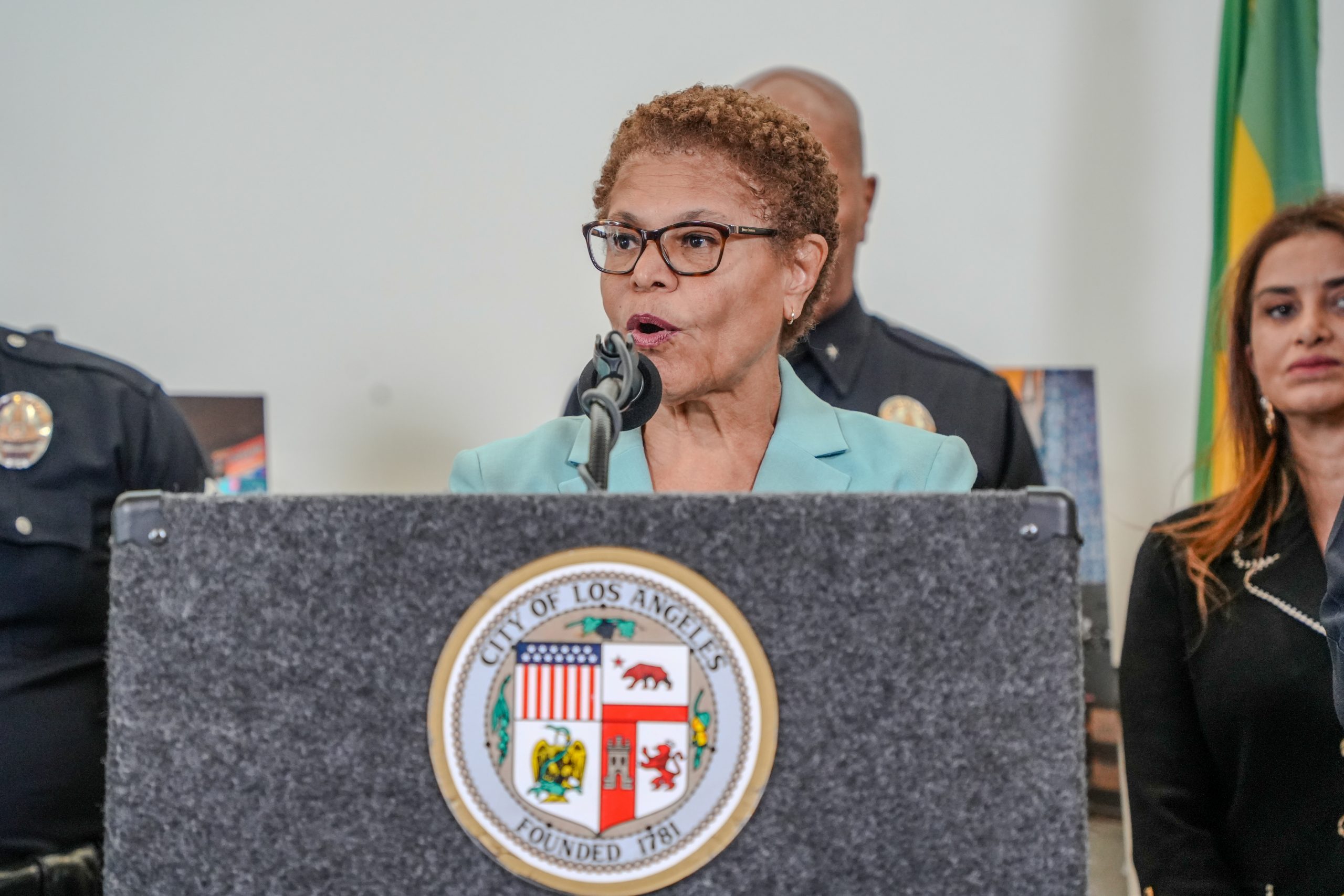 Karen Bass speaks at Rampart Police Station during a press conference on March 10 at 2 p.m.