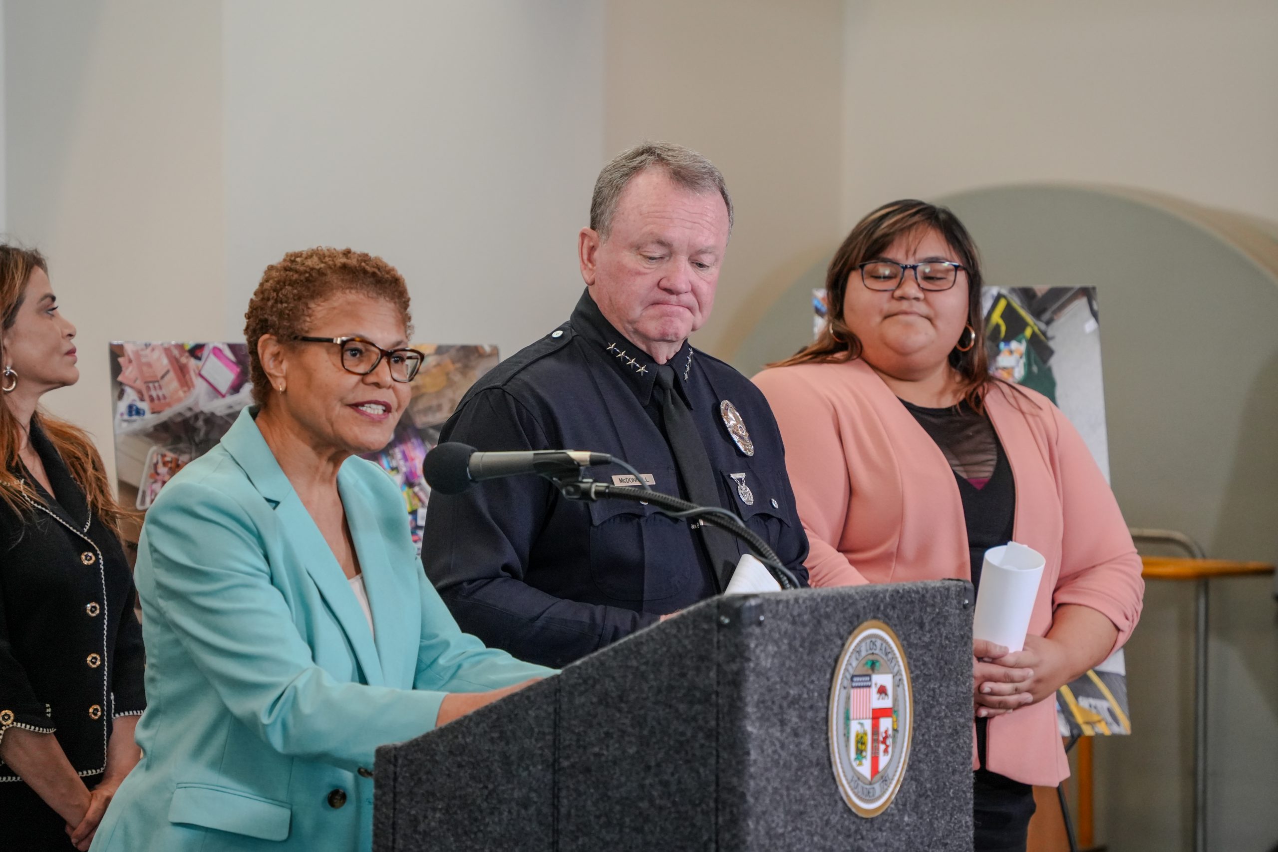 Mayor Karen Bass, LAPD Chief Jim McDonnell, and Councilwoman Eunisses Hernandez discuss the MacArthur Park crime drop at a press conference at Rampart Police Station on Monday, March 10, at 2 p.m.