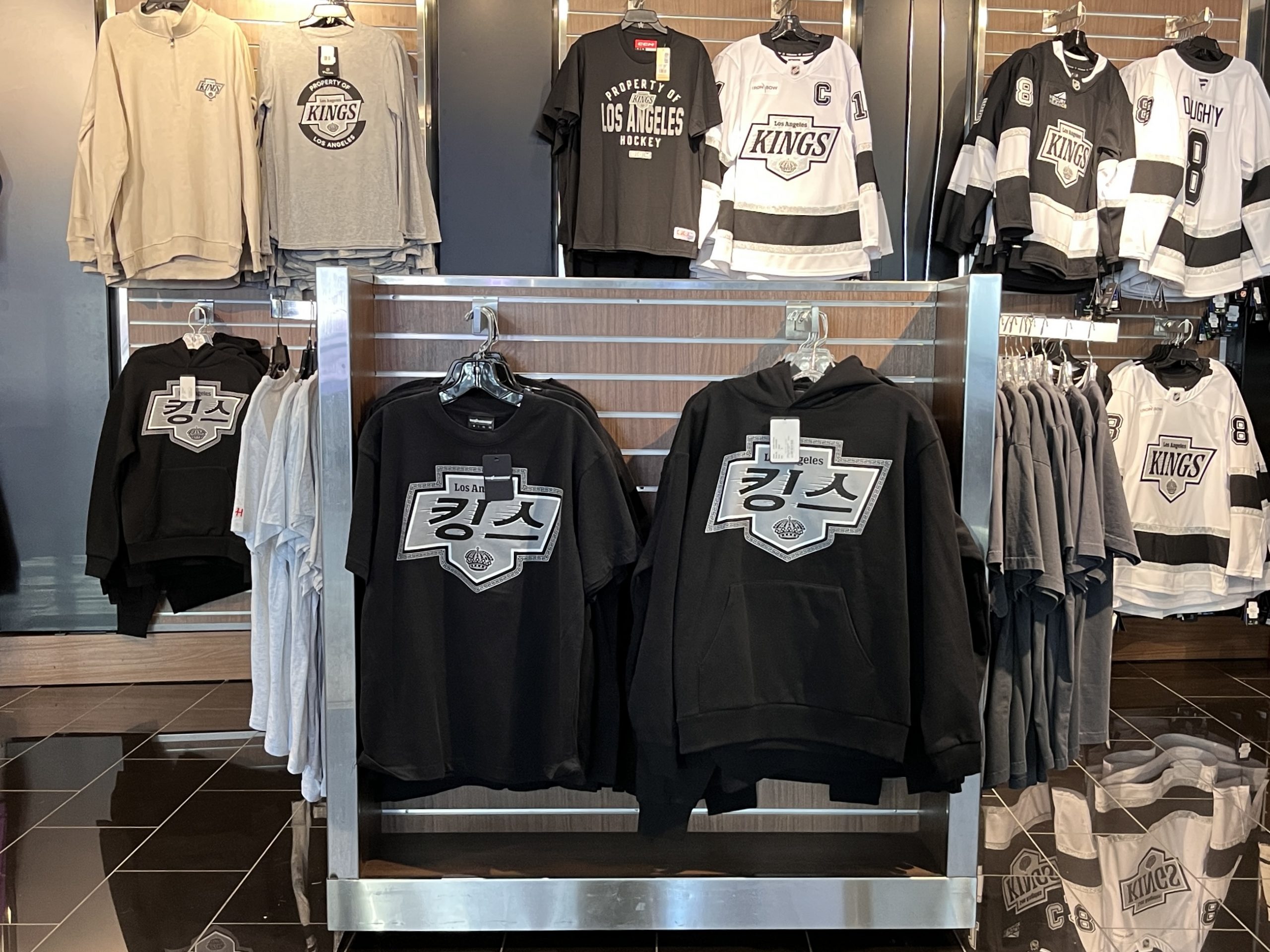 LA Kings Korean-themed merch on display at Crypto.com Arena