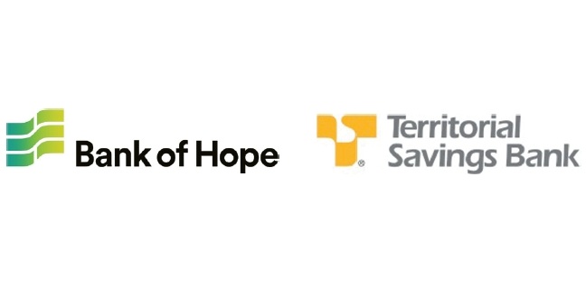 Logos of Bank of Hope and Territorial Savings Bank, headquartered in Hawaii, as captured from each institution's website.