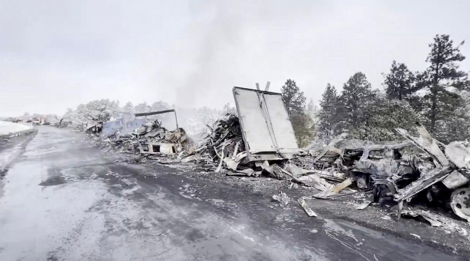 Burned vehicles on I-40 near Williams, Arizona after 22-car pileup
