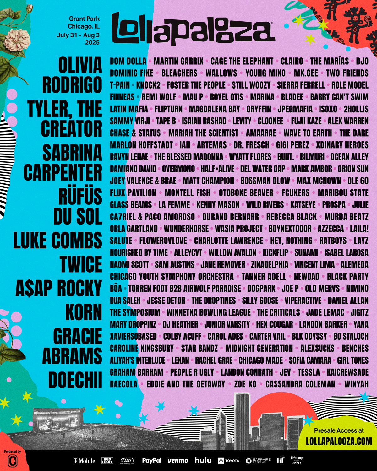 Lollapalooza 2025 lineup poster featuring TWICE, Xdinary Heroes, Wave to Earth, and top global artists.