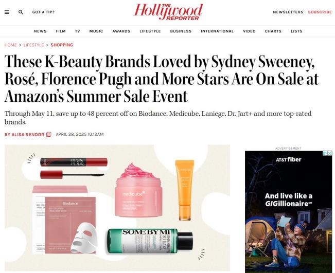 Screenshot of Hollywood Reporter article featuring K-beauty brands loved by Hollywood stars