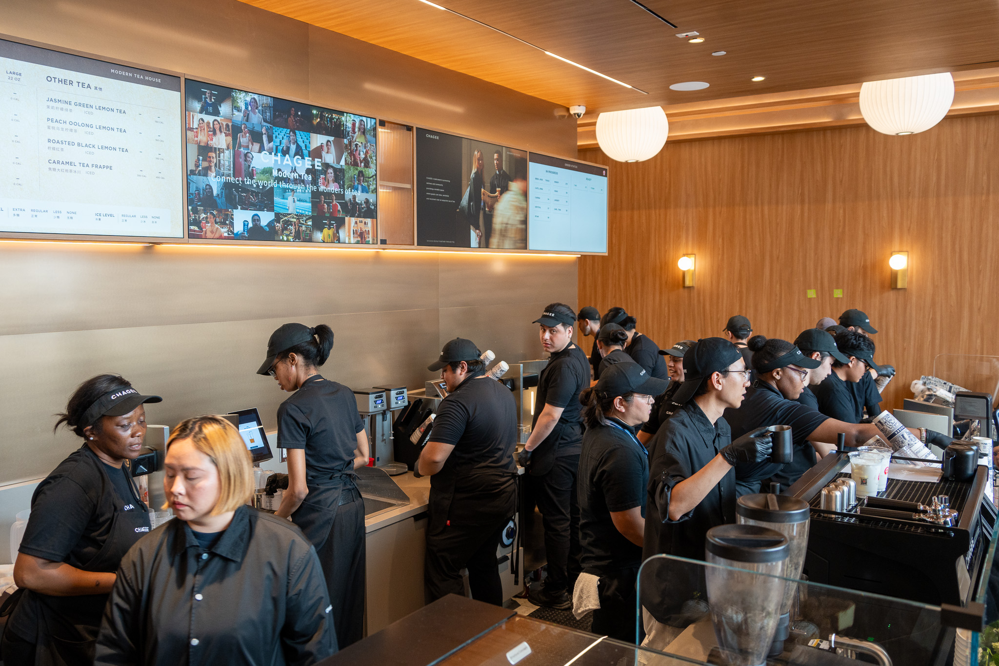 Chagee workers preparing at the bar for media day at Westfield Century City