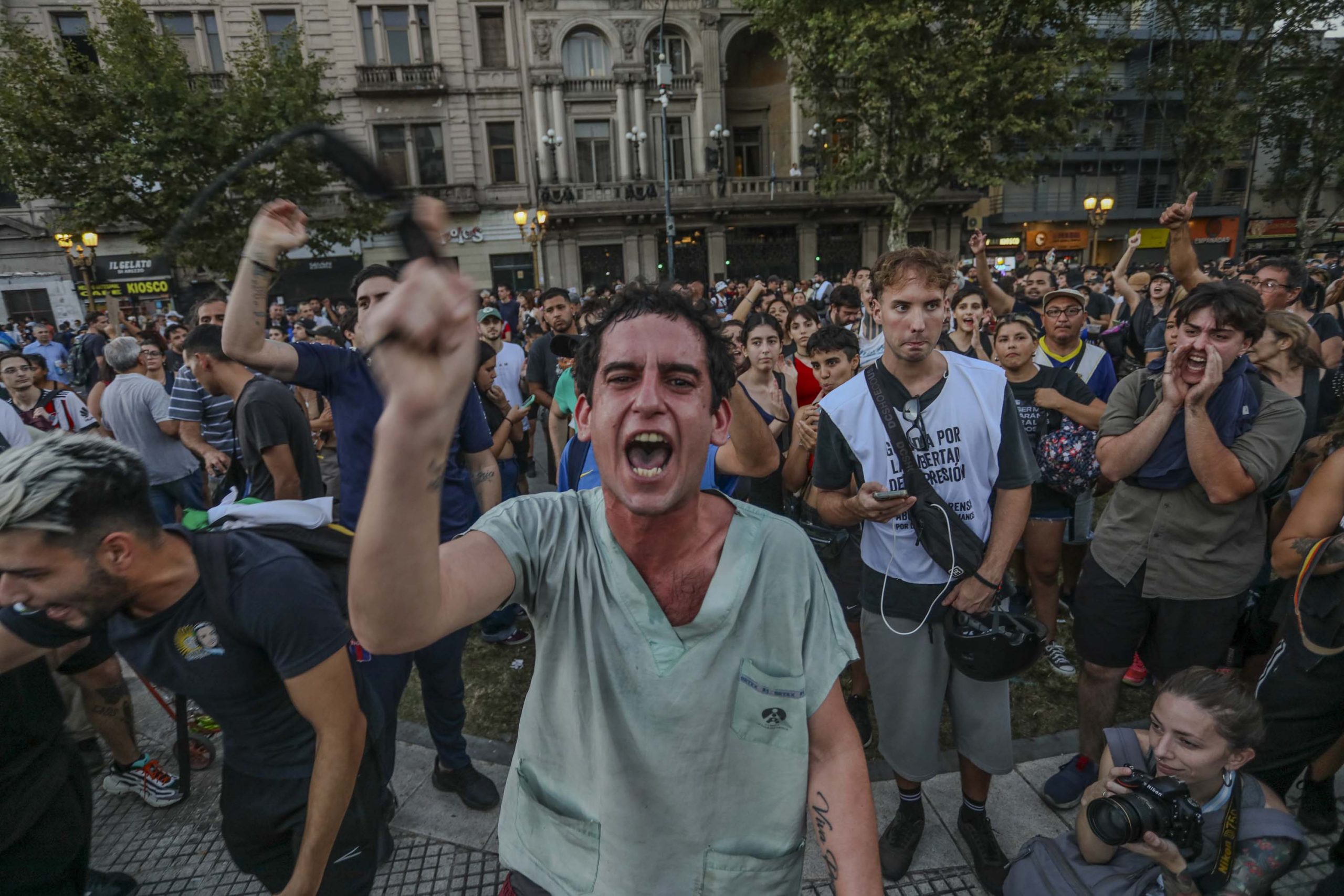 Protester shouts during Argentina pension reform protests
