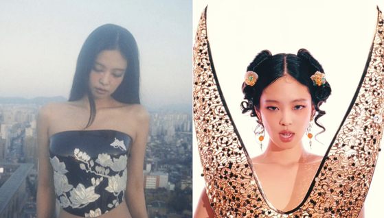 Left: Jennie wears Leje's structured top etched with mother-of-pearl inlay in her music video for ″Seoul City,″ released on April 26. Right: Jennie wears Leje's specially designed metallic top inspired by the presumed-crown worn by the Korea's Silla Dynasty (57 BCE to 935 CE) female leaders in her music video of ″Zen″ released on Jan. 25. [SCREEN CAPTURE]