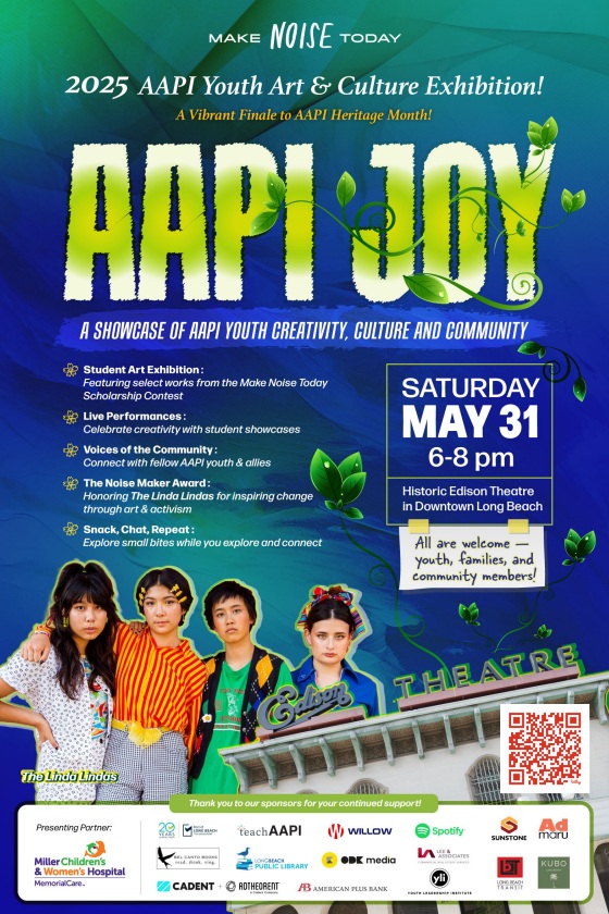 A promotional poster for the 2025 AAPI Youth Art & Culture Exhibition, titled "AAPI Joy," highlights the free community event set for May 31 at the Edison Theatre in Long Beach.