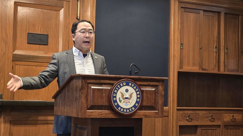 Senator Andy Kim, the first Korean American elected to the U.S. Senate, speaks during a press briefing with Korean media at the U.S. Capitol in Washington, D.C., on May 28.  [Kang Tae-hwa]