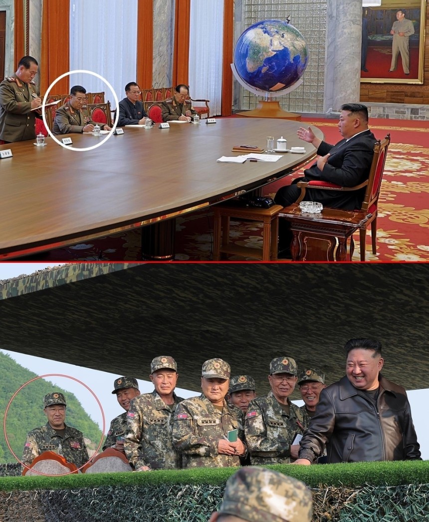 The rank insignia of Jong Kyong-taek, Director of the General Political Bureau of the North Korean military, was that of a four-star General during the Workers’ Party Central Military Commission meeting on May 28 (top), but changed to a three-star General during an artillery firing event on May 29(bottom).  [Korean Central News Agency]