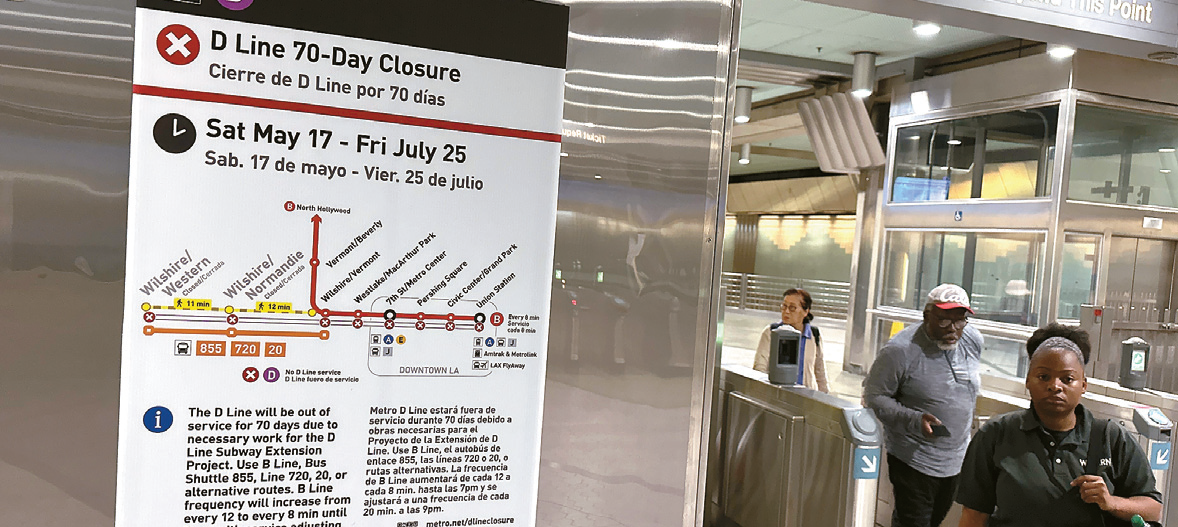 Metro D Line service suspension notice posted at Wilshire/Western Station in Koreatown