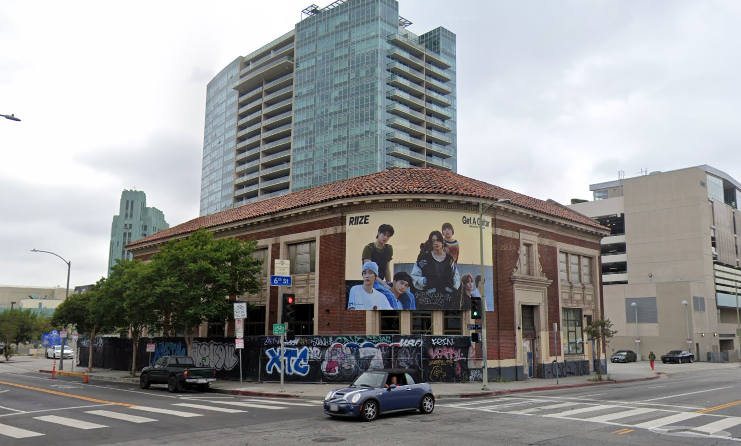 Street view of SM Town Los Angeles building at 6th Street and Oxford Avenue in Koreatown with K-pop posters recently removed