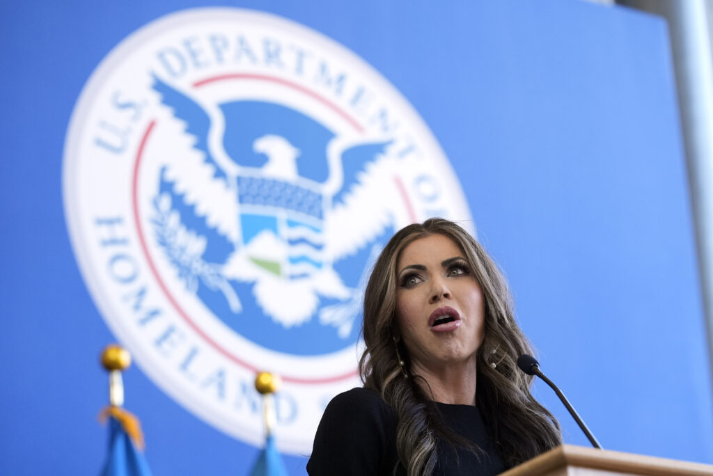 Kristi Noem speaks at DHS headquarters as Homeland Security Secretary during Trump administration's immigration enforcement push