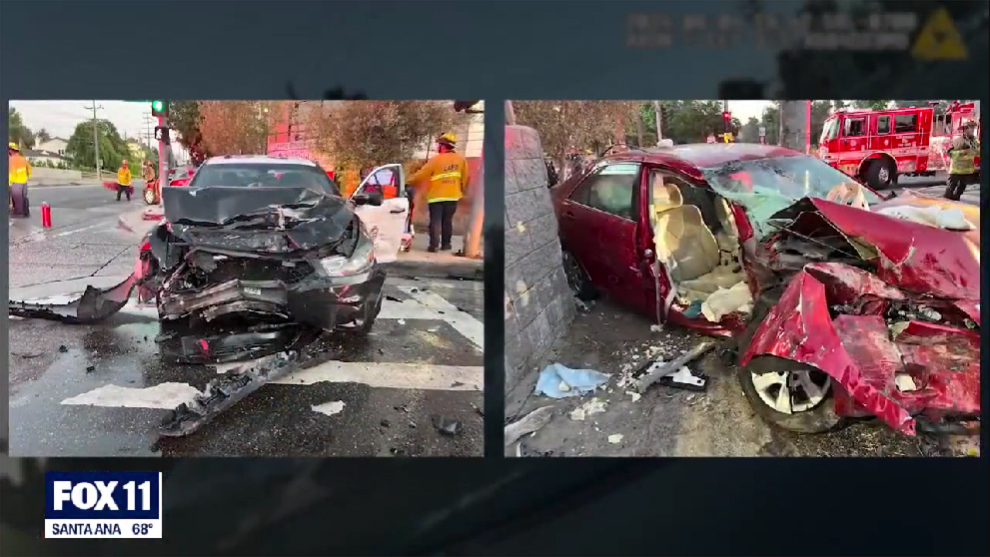 LAPD crash lawsuit image showing wrecked police car on the left and severely damaged vehicle of Paper brothers on the right, from FOX 11 broadcast