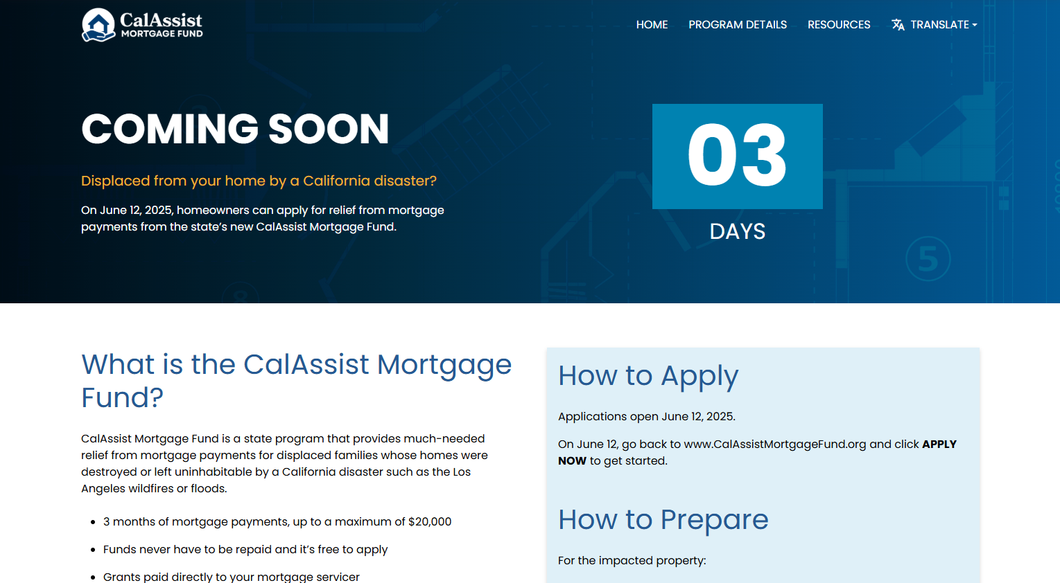 CalHFA website notice about California mortgage disaster assistance opening June 12