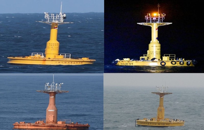 Actual images of China’s "marine observation buoys" installed in and around the Provisional Measures Zone (PMZ) in the Yellow Sea between South Korea and China. [Courtesy of South Korea’s Navy]