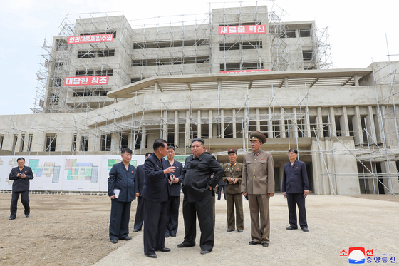 North Korean leader Kim Jong-un visits the construction site for a hospital on the outskirts of Pyongyang on June 2, 2025, in this photo provided by the North's official Korean Central News Agency. [KOREAN CENTRAL NEWS AGENCY/YONHAP]