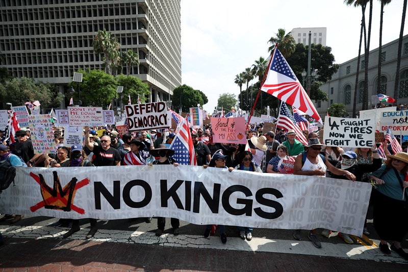 Protesters rally outside City Hall in downtown Los Angeles, California, during a No Kings Day protest against President Trump’s policies on June 14. [REUTERS]