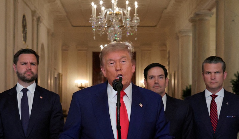 U.S. President Donald Trump delivers an address to the nation accompanied by U.S. Vice President JD Vance, U.S. Secretary of State Marco Rubio and U.S. Defense Secretary Pete Hegseth, at the White House in Washington, D.C., U.S. June 21, 2025. [REUTERS]