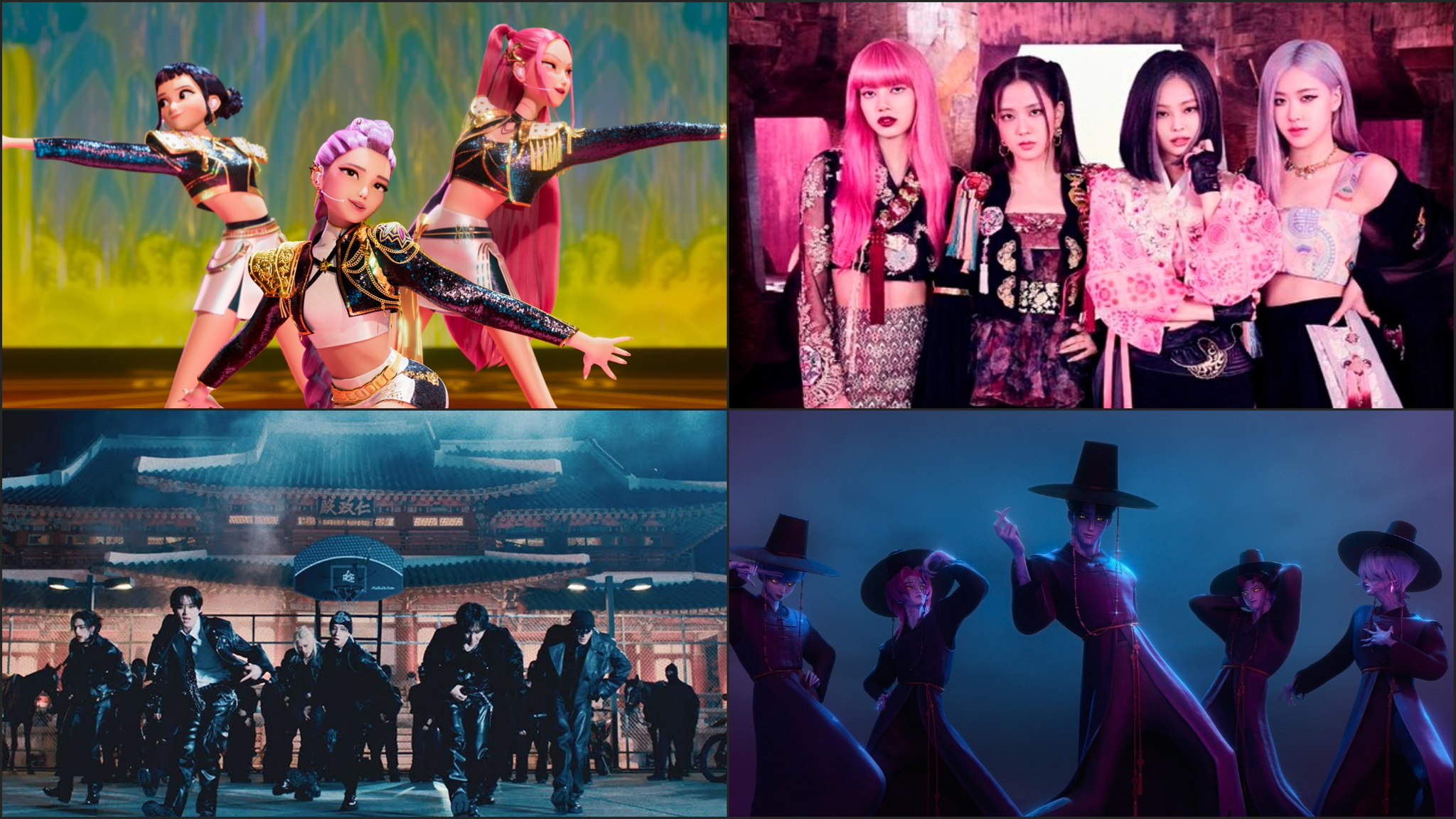 Clockwise from top left: Fictional girl group HUNTR/X in ″KPop Demon Hunters,″ girl group Blackpink, fictional boy band Saja Boys in ″KPop Demon Hunters,″ and boy band Stray Kids [NETFLIX, YG ENTERTAINMENT, JYP ENTERTAINMENT]