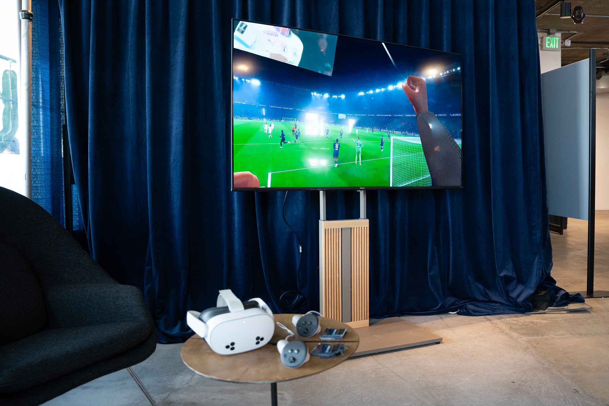 Virtual reality booth setup at PSG House LA simulating front-row match experience