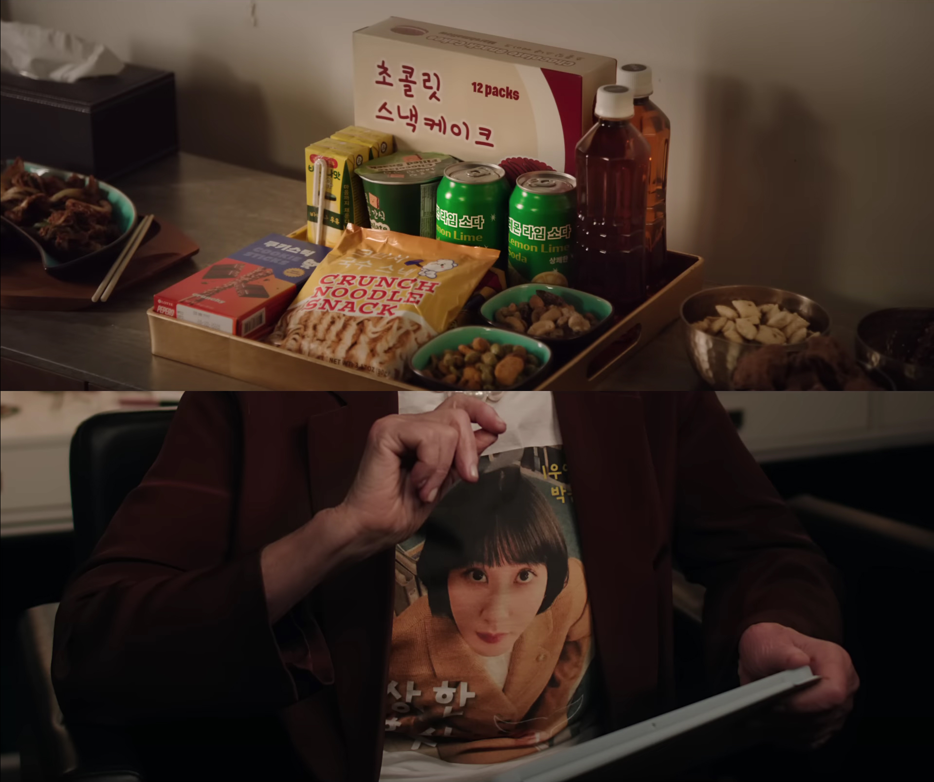 Netflix K-era campaign scenes with Korean snacks and Extraordinary Attorney Woo T-shirt
