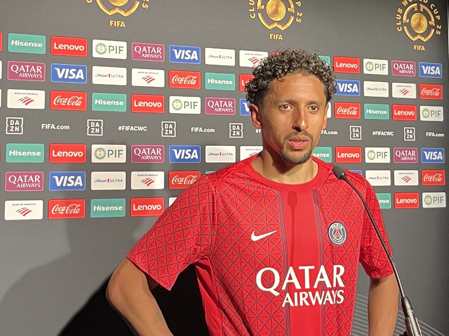 Paris Saint-Germain captain Marquinhos shares his thoughts on the match outcome during the mixed zone interview. [Kyeongjun Kim, The Korea Daily]