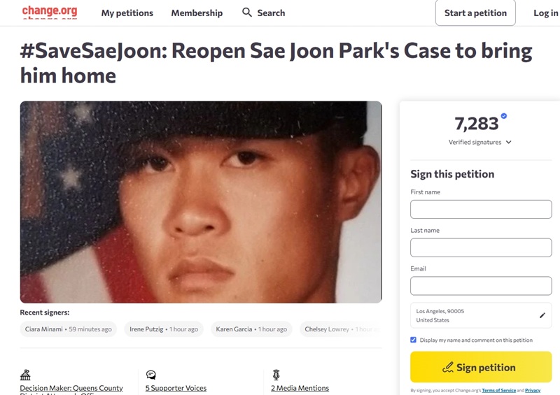 A petition titled "#SaveSaeJoon: Reopen Sae Joon Park’s Case to Bring Him Home" is posted on the Change.org website. [Screenshot]