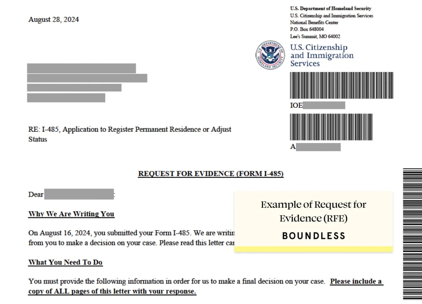 A Request for Evidence (RFE) letter issued by U.S. Citizenship and Immigration Services.