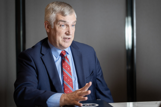 Fred Fleitz, vice chairman of the America First Policy Institute, speaks during an interview with the JoongAng Ilbo at the estin Josun Seoul in central Seoul on July 8, 2024. [JOONGANG ILBO]