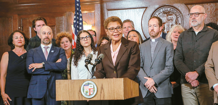 Karen Bass speaks at LA City Hall press conference on Trump LA sanctuary city lawsuit