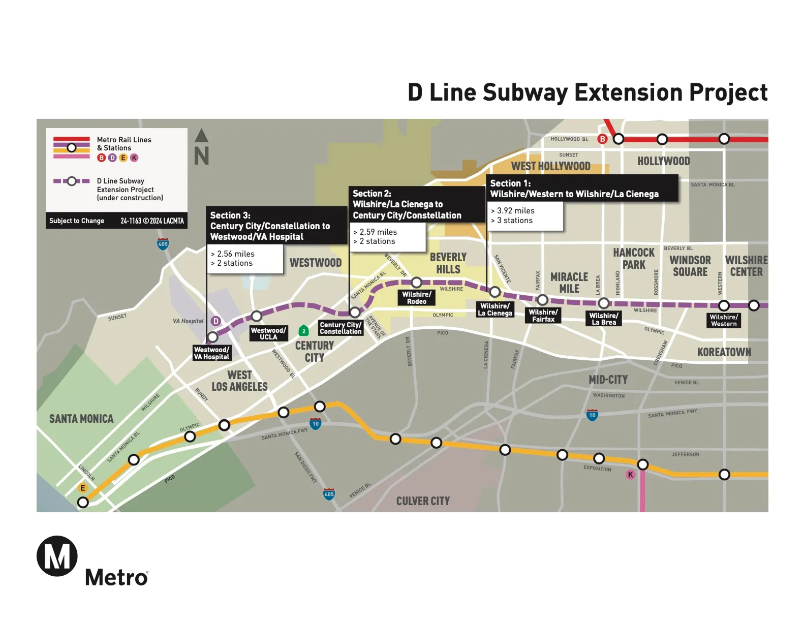 Metro D Line extension project map showing new stations in Beverly Hills and Westwood